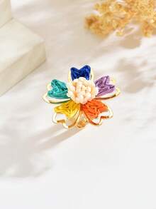 1pc Handmade Woven Raffia Flower Adjustable Ring, Bohemian Style Irregular Five-Petal Flower Adjustable Ring Suitable For Women's Daily, Vacation, Party Wear (Handmade Raffia Weaving Technique Random) - Color - View 3
