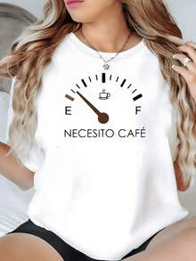 Medidor de energía en forma de marcador de combustible con taza de café simboliza la necesidad diaria de recargar ánimos y amor por el café camiseta de mujer casual moderna cómoda para uso diario - Blanco - Ver 1