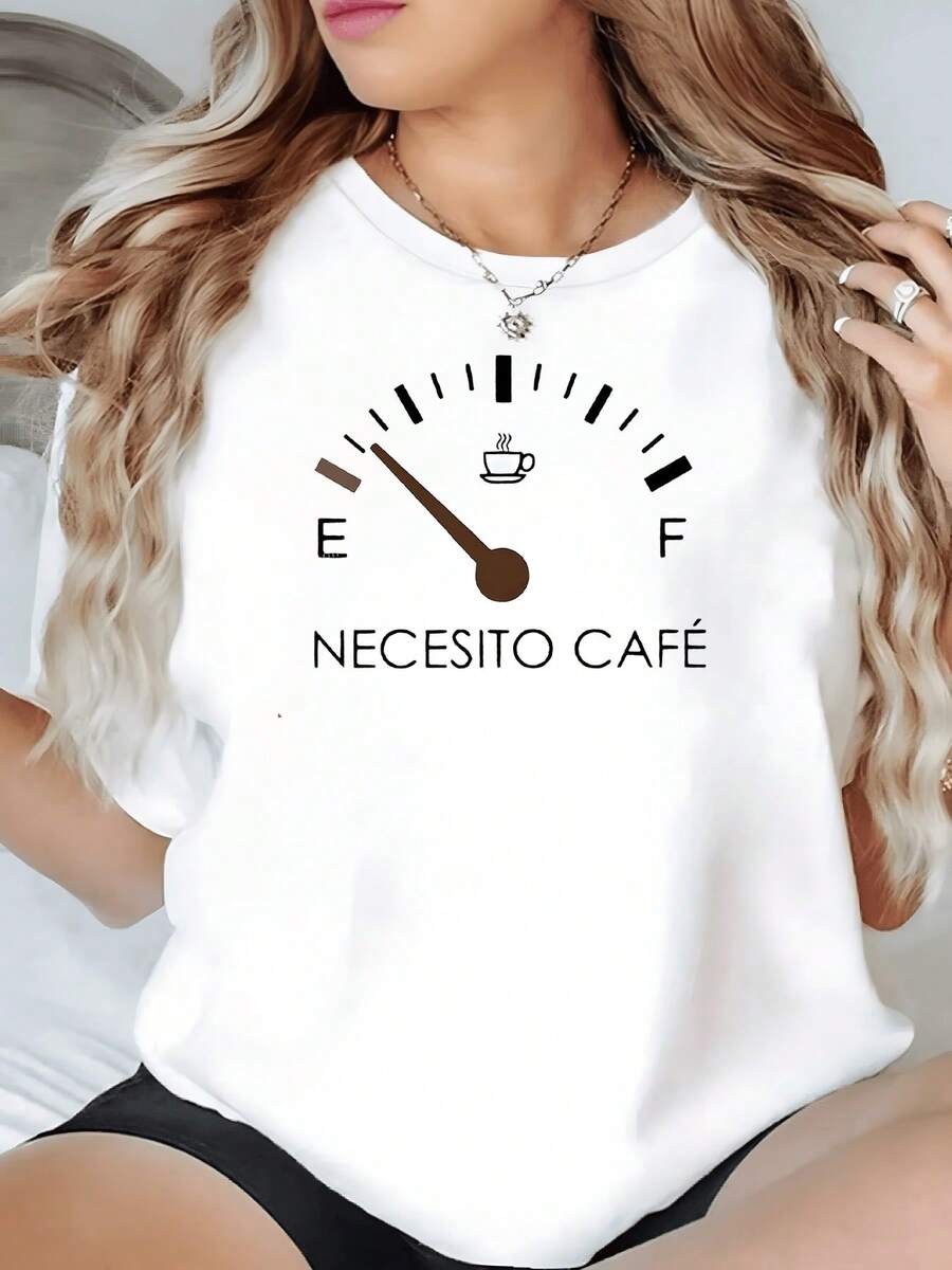 Medidor de energía en forma de marcador de combustible con taza de café simboliza la necesidad diaria de recargar ánimos y amor por el café camiseta de mujer casual moderna cómoda para uso diario - Blanco - Ver 1