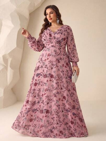SUPGIR [Họa tiết hoa ngẫu nhiên] Đầm maxi cỡ lớn cổ chữ V tay phồng xếp ly eo chất liệu chiffon in kỹ thuật số thanh lịch