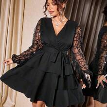 Cravure Plus Size Women's Elegant Deep V-Neck Party Dress, Black Sequin Mesh Tie Waist Slim Fit Long Lantern Sleeve Ruffle Hem Knee-Length Sexy Mini Dress, Suitable For Valentine's Day, Music Festival, Halloween, Christmas Party, Prom, Holiday, Date, Wedding - Dorado - Ver 7