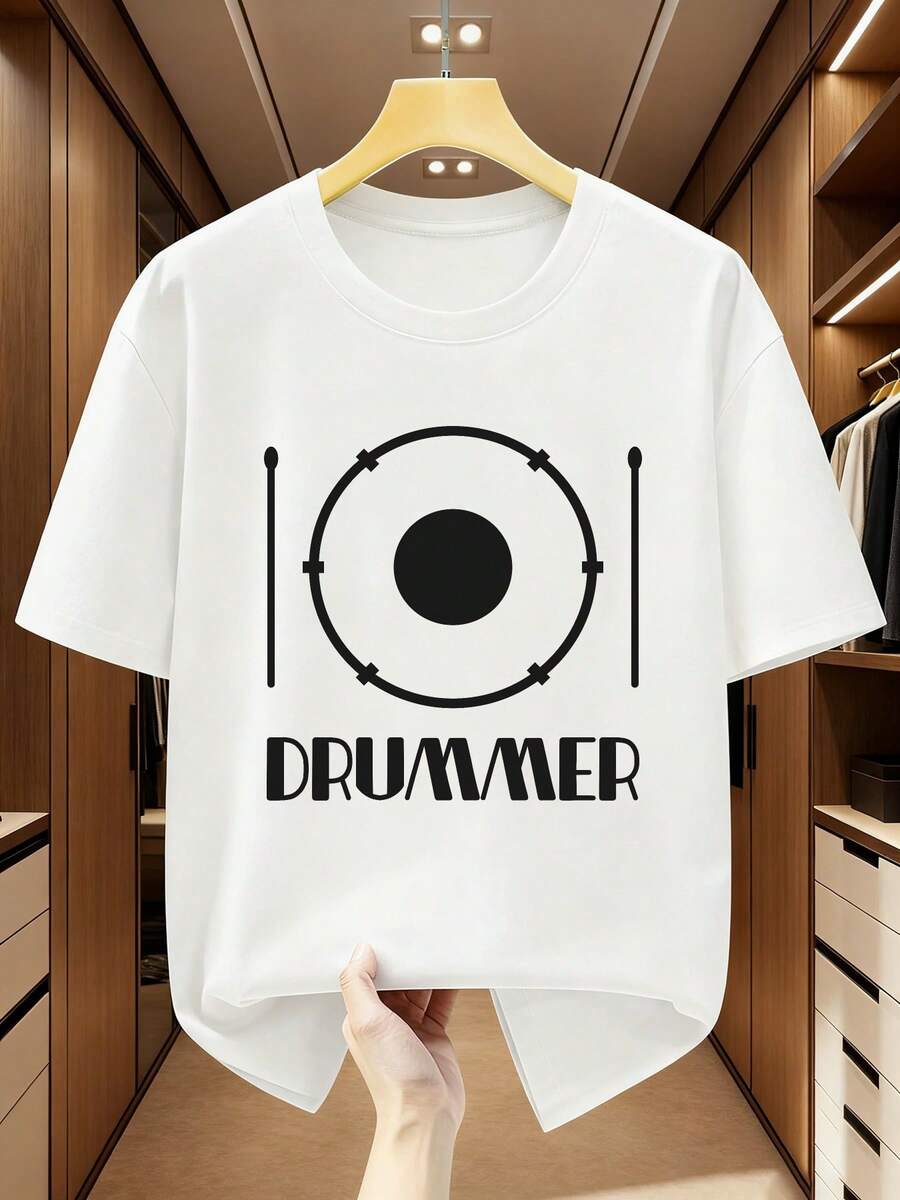 Camiseta de manga corta 100% para hombre de talla grande con diseño de baquero y baquetas, cómoda y casual para el verano. - Blanco - Ver 1