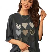Camiseta de Mujer con Estampado de Corazón, Divertida, de Manga Corta para Verano - Negro - Ver 6