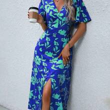 Women's Elegant Chic Minimalist High-End Casual Dress, Suitable For Office, Commute, Beach, Music Festival, Afternoon Tea, French Riviera Style, With Leopard Print, V-Neck, Waist Tie, Button Decor, A-Line Hem, Split, Puff Sleeve, Mid-Length - Azul - Ver 8