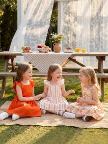 Conjunto de 3 vestidos para niña con cuello cuadrado y volantes acanalados, estampado floral + estampado a rayas + color liso, multicolor, para uso diario, escuela, vacaciones y fiesta, outfit de vuelta al cole - Multicolor - Ver 5