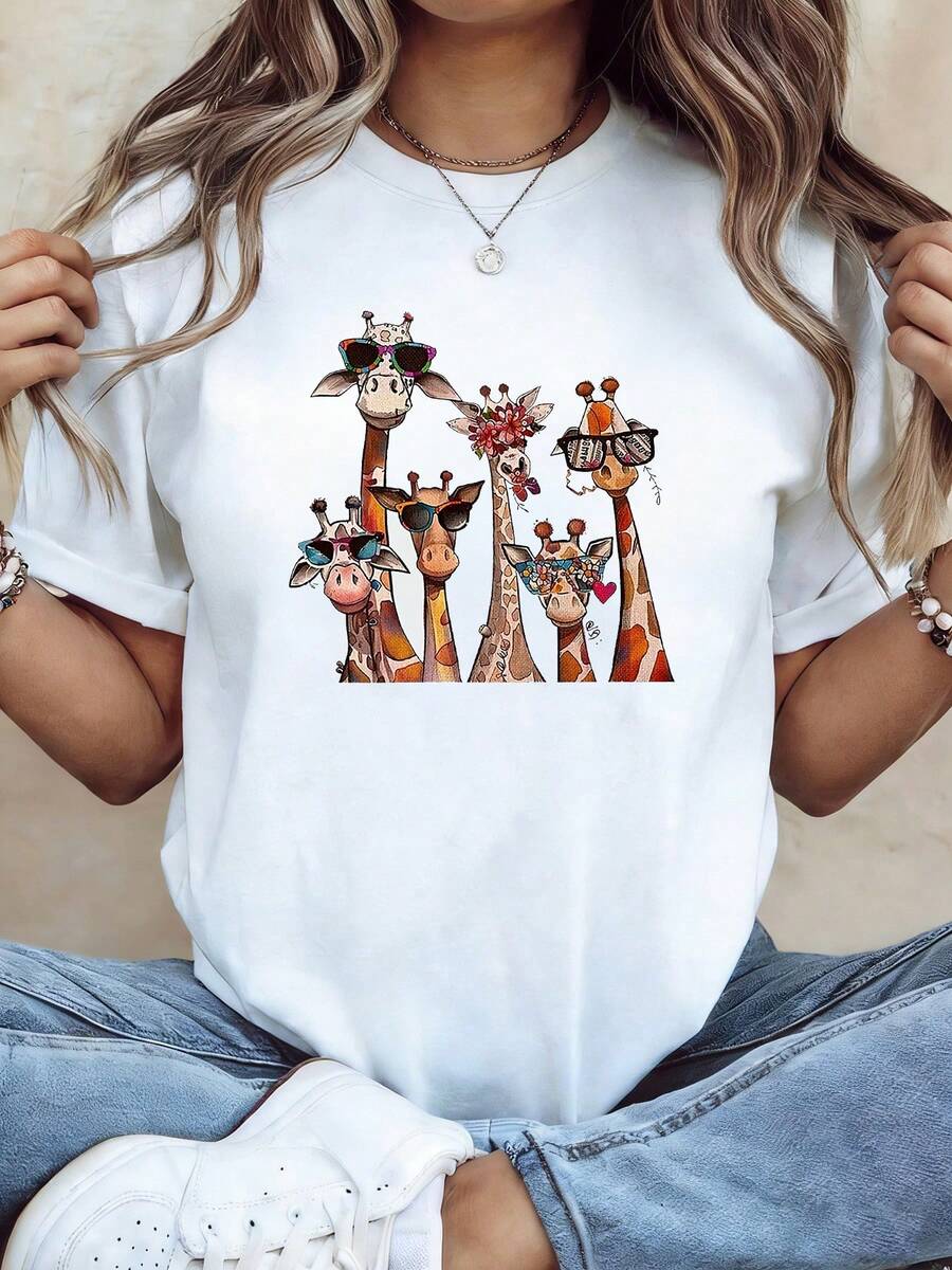 Talla Grande - Talla Grande - The Funny Giraffe Graphic Print Talla Grande Camiseta de Mujer, Manga Corta Cuello Redondo Top Casual para Verano y Primavera, Ropa de Mujer