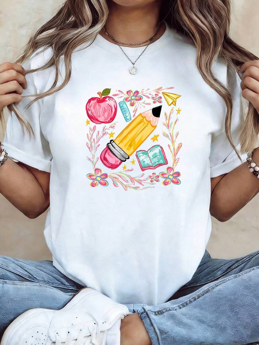 Tallas Grandes - Tallas Grandes - Regreso a la Tempor, Diseños Coloridos para 'S Divertidos, Camisetas de Primavera y Verano Oversize para Mujer con Patrones de Papelería Universitaria. Conjuntos para el Regreso a la Tempor, la Vida Diaria en el Campus, el Desplazamiento del Maestro y el Estudio de los Padres