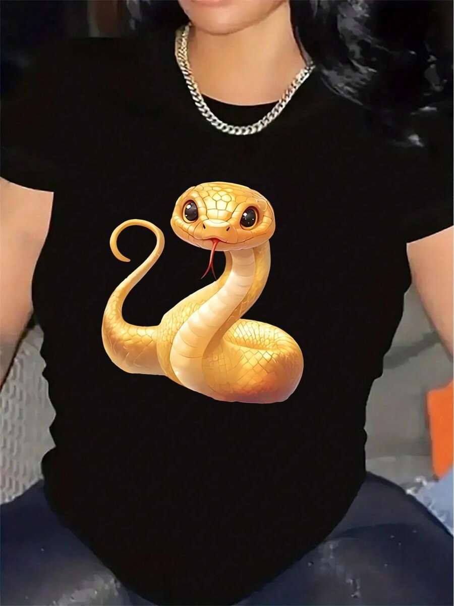 Short-Sleeved T-Shirt With An Adorable Snake Design, Lightweight And Durable For Casual Wear At Home, In Restaurants, Or Outdoors - Hitam - View 1