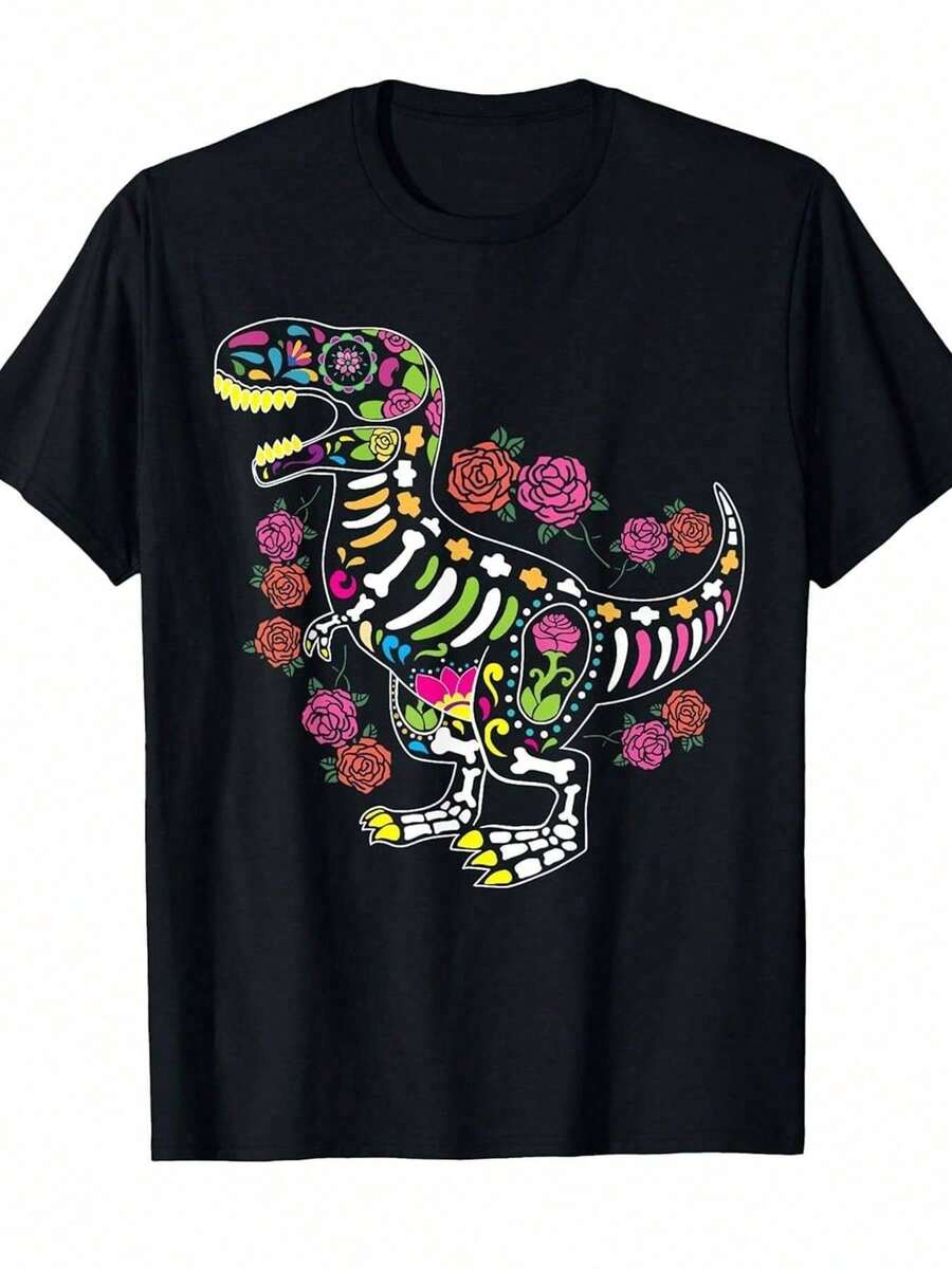 Oversize Camiseta extra grande para niños de Día de los Muertos con dinosaurio - Impresión de calavera de azúcar mexicana y banda mariachi con diseño de dinosaurio y calavera de caléndula, cuello redondo suave de ajuste casual, lavable a máquina para el Día de los Muertos o atuendo casual (tallas para niños pequeños y jóvenes) - Ropa cultural mexicana colorida con rosas rosadas y maracas, tema festivo de calavera y dinosaurio, apta para niños y niñas, comodidad durante todo el año - Negro - Ver 1