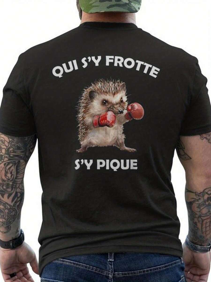 Men's Summer T-Shirt With Funny French Boxer Hedgehog Print - Casual Short Sleeve Crew Neck T-Shirt With Humorous Boxer Hedgehog Design And French Text - Black T-Shirt For Casual Outfits And Parties (Machine Washable) Loose And Comfortable For Summer. - Back - View 1