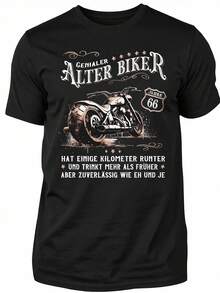 Men's Black Short-Sleeved T-Shirt With A Graphic Print Of The Phrase "German Alter Biker Vintage Motorcycle 66 Years Genialer Reliable Rider". | Casual Crew Neck, Slightly Stretchy Fabric, Regular Fit, Suitable For All Seasons. Loose And Comfortable For Summer. - White - View 7