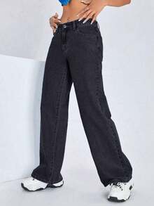 ICON Pantalones vaqueros de pierna ancha de unicolor, con bolsillos en ángulo, versátiles y casuales - Negro 2 - Ver 3