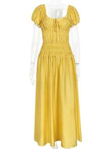 Vestido largo de verano mujer, cuello cuadrado con manga burbuja corta, espalda descubierta, estilo vacacional ideal para playa - Amarillo - Ver 8