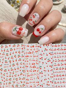 4pcs French Romantic Red Cherry Nail Stickers - Handpainted Fresh Fruit & Green Leaf Nail Art Decals - Suitable For Spring/Summer, Graduation, Outdoor, Vacation - Multicolor - View 2