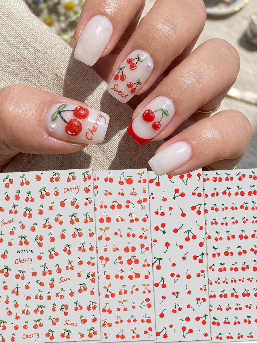 4pcs French Romantic Red Cherry Nail Stickers - Handpainted Fresh Fruit & Green Leaf Nail Art Decals - Suitable For Spring/Summer, Graduation, Outdoor, Vacation