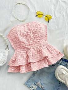 Top tubo sin espalda con lazo de jacquard de ganso casual de vacaciones para damas - Rosa Pálido - Ver 7