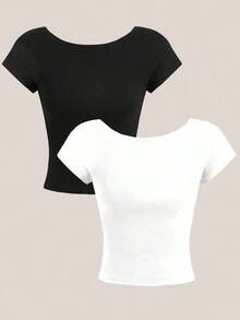 Set de 2 camisetas de mujer sin sujetador de cuello redondo y espalda descubierta, de manga corta, en negro y blanco.Camisetas casuales, minimalistas, vintage y elegantes, versátiles para ir al trabajo, la playa, de vacaciones, en verano - Negro - Ver 2