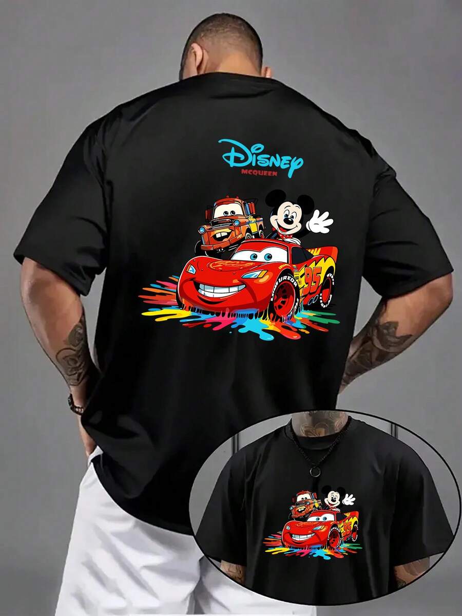 A Disney Men'S T-Shirt Featuring Lightning Mcqueen From Cars, This Short-Sleeve Tee Has A Round Neck And Is Designed For Casual Comfort. It'S Breathable And Lightweight, Perfect For Sports And Leisure Wear During Spring And Summer - 黑色 - 查看 1