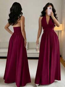 Elegante vestido sin mangas con cuello en V, diseño hueco en la cintura y pliegues, color morado, nueva llegada de primavera/verano - Burdeos - Ver 1