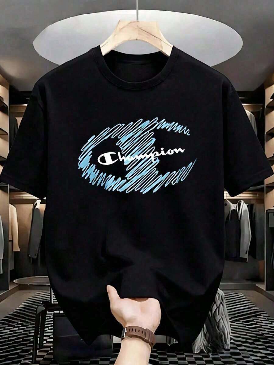 1pc Camiseta informal de algodón con cuello redondo para mujer Camiseta deportiva para mujer Camiseta para hombre Camisetas para parejas Regalo de San Valentín Regalo de cumpleaños Regalo de Navidad Camiseta unisex Apta para todas las estaciones, 100 % algodón,estampado del logotipo de Champion, corte regular, tejido ligeramente elástico. - Verde militar - Ver 1
