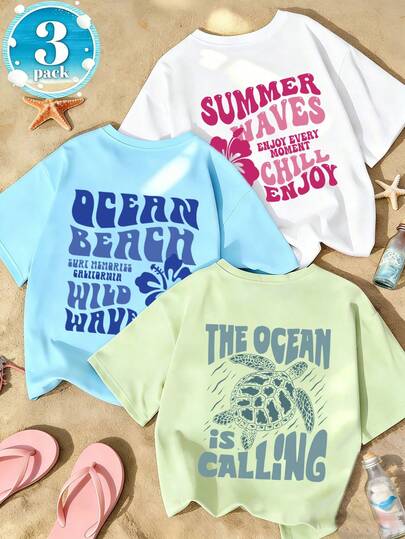 3pcs/Set Tween Girls' Popular Graphic Print Soft & Comfortable Tops, Suitable For Outdoor Sports, Casual Daily Wear, Street & Campus Style, Fashionable Spring/Summer