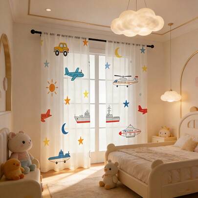 2pcs Cartoon-Themed Sheer Curtains, Printed With Cartoon Vehicles Including Airplanes, Cars, Ships, Stars, And The Moon. The 2D Flat Print Allows For Good Light Transmission, Making Them Suitable For Children's Rooms, Playrooms, And Bedrooms.