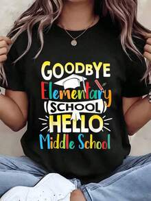 Camiseta de Mujer con Diseño Simple y Versátil, Estampado Gráfico 'Adiós Escuela Primaria, Hola Escuela Secundaria', Cuello Redondo, Estilo Casual, Regalo de Graduación para Niños, Ropa de Verano, Camiseta de Algodón - Negro - Ver 6