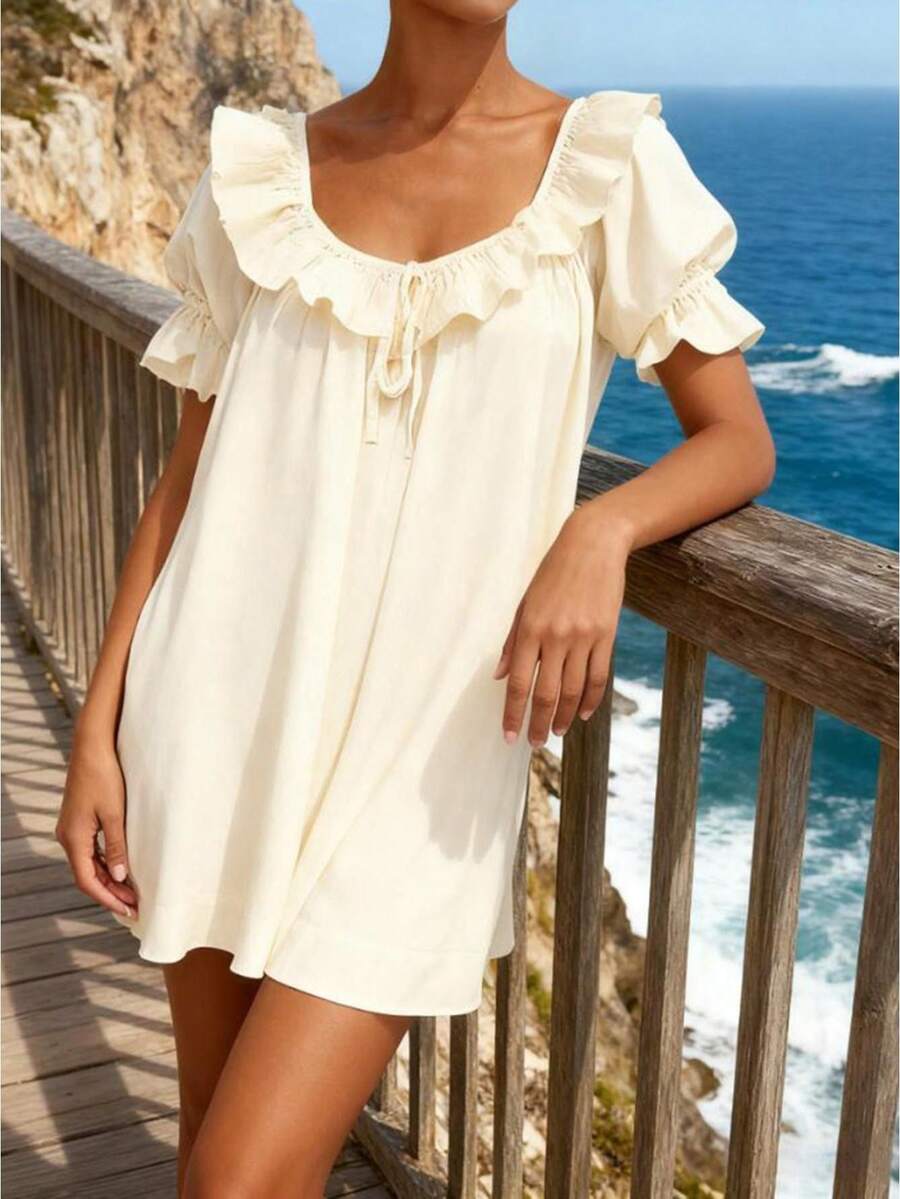 Casual Mini Dress for Maternity Women Loose Solid Ruffle Trim Scoop Neck Puff Sleeve Short Dress - Albaricoque - Ver 1