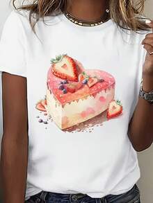 Camiseta Casual de Cuello Redondo para Mujeres con Estampado Gráfico de Pastel de Fresa - Manga Corta, Top de Verano y Primavera, Atuendo Casual|Impresión Juguetona|Camisa de manga corta - Blanco - Ver 1