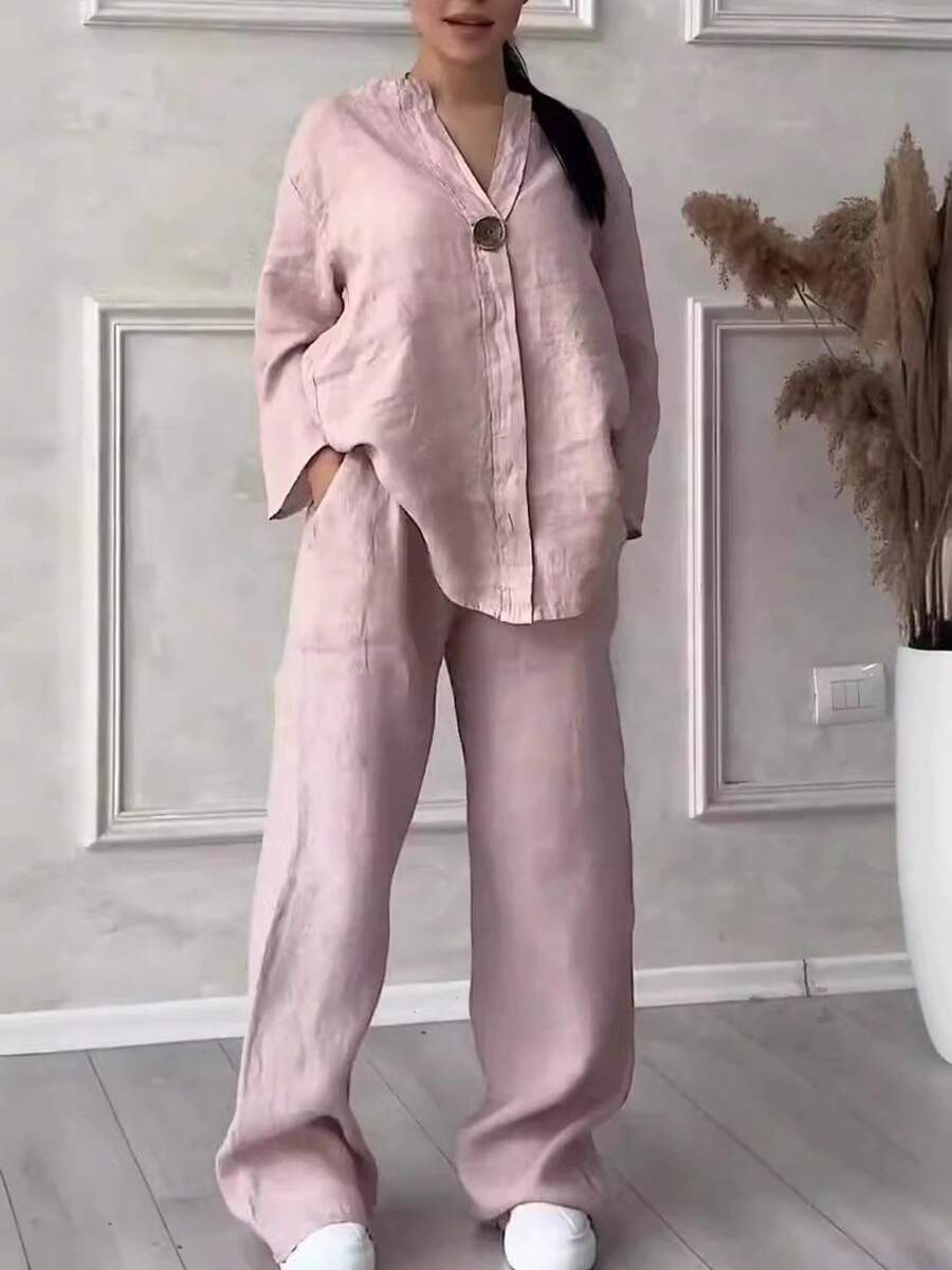 Casual Linen Co-Ord Set Ladies With Single Button Detail And Elastic Waist Trousers - Skin Powder - View 1