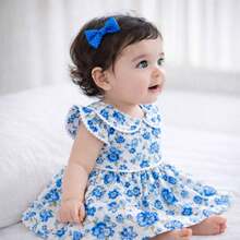 Girl's Dress With Delicate Floral Print, Classic Peter Pan Collar, Ruffles, Short Sleeves, Elegant Pom-Poms, Full Skirt, Comfortable Soft Cotton, Premium Fabric, Party, Birthday, Christening, Special Events, Charming Look, Children's Fashion, Princess Style, Casual Chic, Spring/Summer, Girls' Clothes, Comfort, Sweet, Blogger Look, Photography, Outing, Perfect Gift, Charming, Stylish, Floral Print - 藍色 - 查看 2