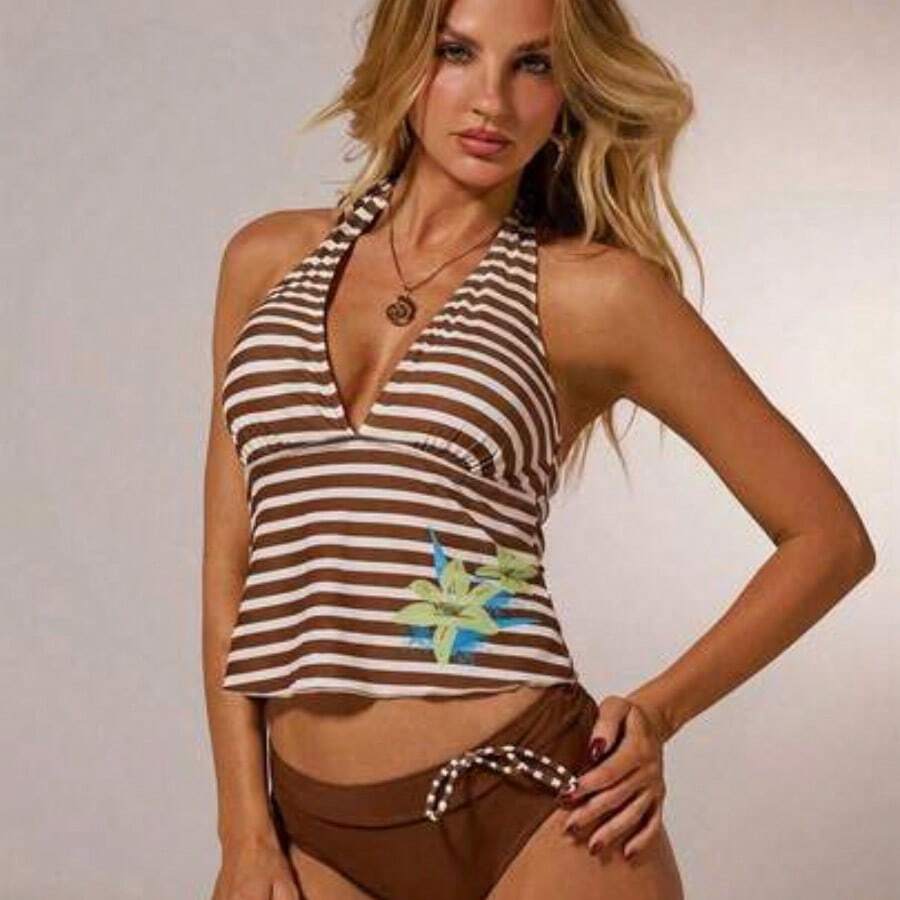 Beach Vacation Outfits Women Two Pieces Swimwear Vacation Women Clothes A Two Pieces Green Striped Color-Blocking Swimwear Set Summer Spring Outfits Festival Beach Outfit Casual Women - Marrón - Ver 1