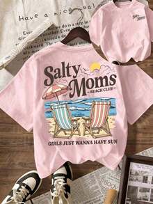 Camiseta de manga corta con cuello redondo, estampado, de estilo minimalista y versátil para vacaciones y playa, para mujer - Rosa - Ver 8