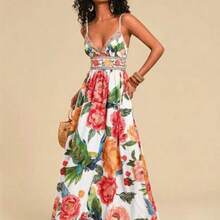 TRVLCHIC Women's V-Neck Maxi Woven Dress With Floral Print, For Spring/Summer Resort,Summer Outfits For Women,Beachwear,Easter,Beach Outfits For Woman,Spring Break,Vacation Outfits Women, Suitable For Holiday , Afternoon Tea, Wedding Season, Beach Cruise Vacation, City Road Trip Vacation, Boho Vacation, Music Festival , Beachwear, Easter, Beach Outfits For Woman, Elegant Dress For Women, Vacation Outfits Women, Concert Outfit Women, Tropical Vacation Woman Clothes, Holiday Outfits, Bohemia - Blanco - Ver 1
