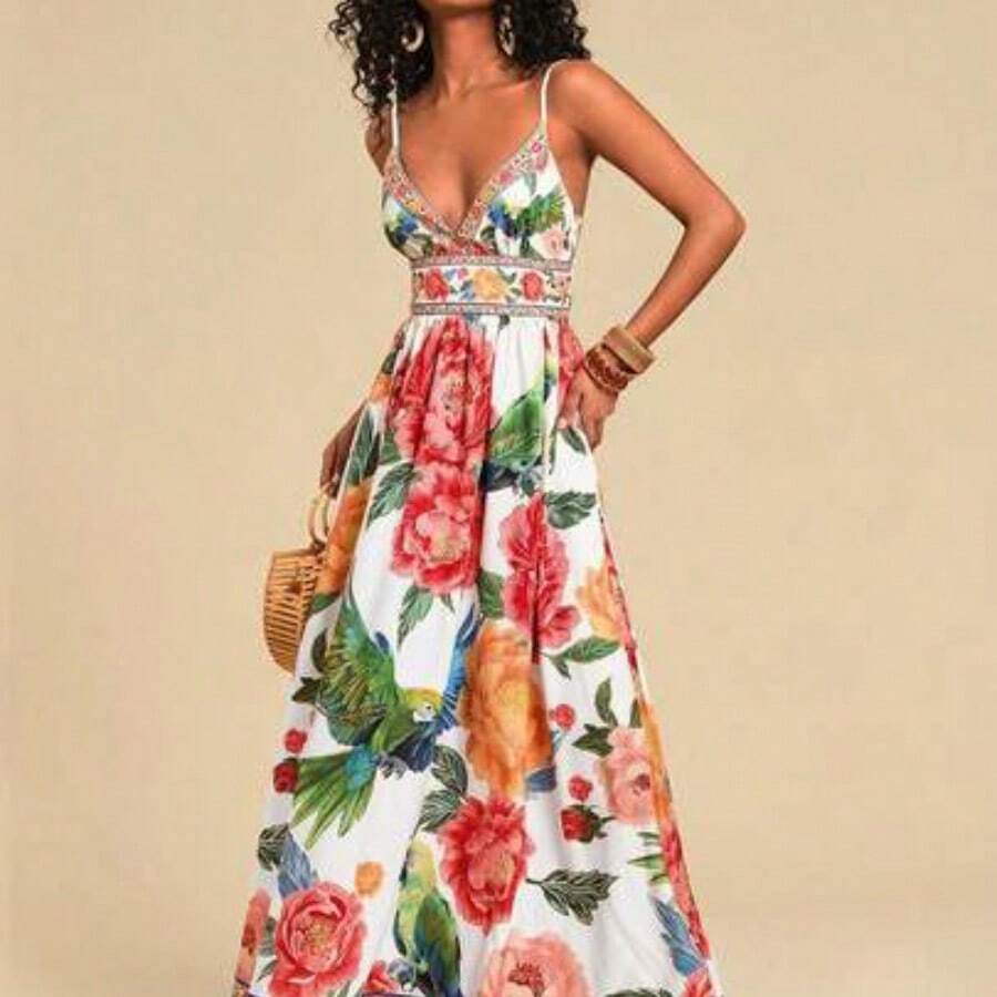 TRVLCHIC Women's V-Neck Maxi Woven Dress With Floral Print, For Spring/Summer Resort,Summer Outfits For Women,Beachwear,Easter,Beach Outfits For Woman,Spring Break,Vacation Outfits Women, Suitable For Holiday , Afternoon Tea, Wedding Season, Beach Cruise Vacation, City Road Trip Vacation, Boho Vacation, Music Festival , Beachwear, Easter, Beach Outfits For Woman, Elegant Dress For Women, Vacation Outfits Women, Concert Outfit Women, Tropical Vacation Woman Clothes, Holiday Outfits, Bohemia - Blanco - Ver 1