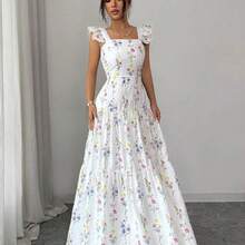 Elenzya Women's Floral Print Ruched Waist Elegant Long Dress, Suitable For Dates And Parties - Amarillo claro - Ver 2
