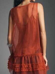Women See-Through Sleeveless Ruffle A-Line Round Neck Thin Long Tank Tops Summer Solid Black/Brown - 紅色 - 查看 2