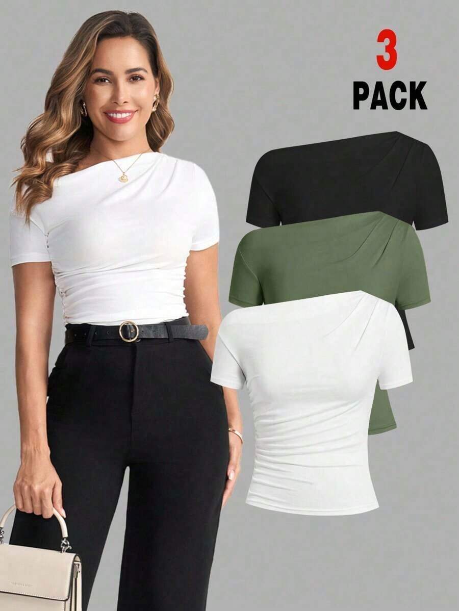 Camiseta de moda de manga corta con hombros oblicuos y ajustada de unicolor para mujer, verano - Verde Oliva - Ver 1