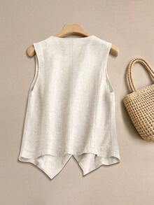Women's Casual Linen Vest Jacket, Short Style For Spring & Summer Holiday White - White - View 2