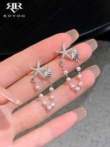1 par de pendientes con colgante de estrella de mar y concha, perla falsa y borla, con vibra oceánica, adecuado para vacaciones, fiestas y reuniones - Plateado - Ver 1