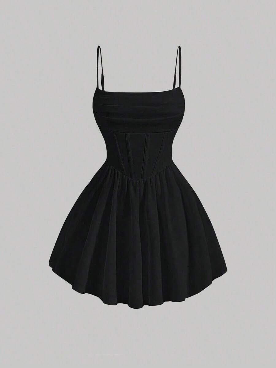 Elegante vestido de tirantes con fruncido en la cintura de color liso - Negro - Ver 1
