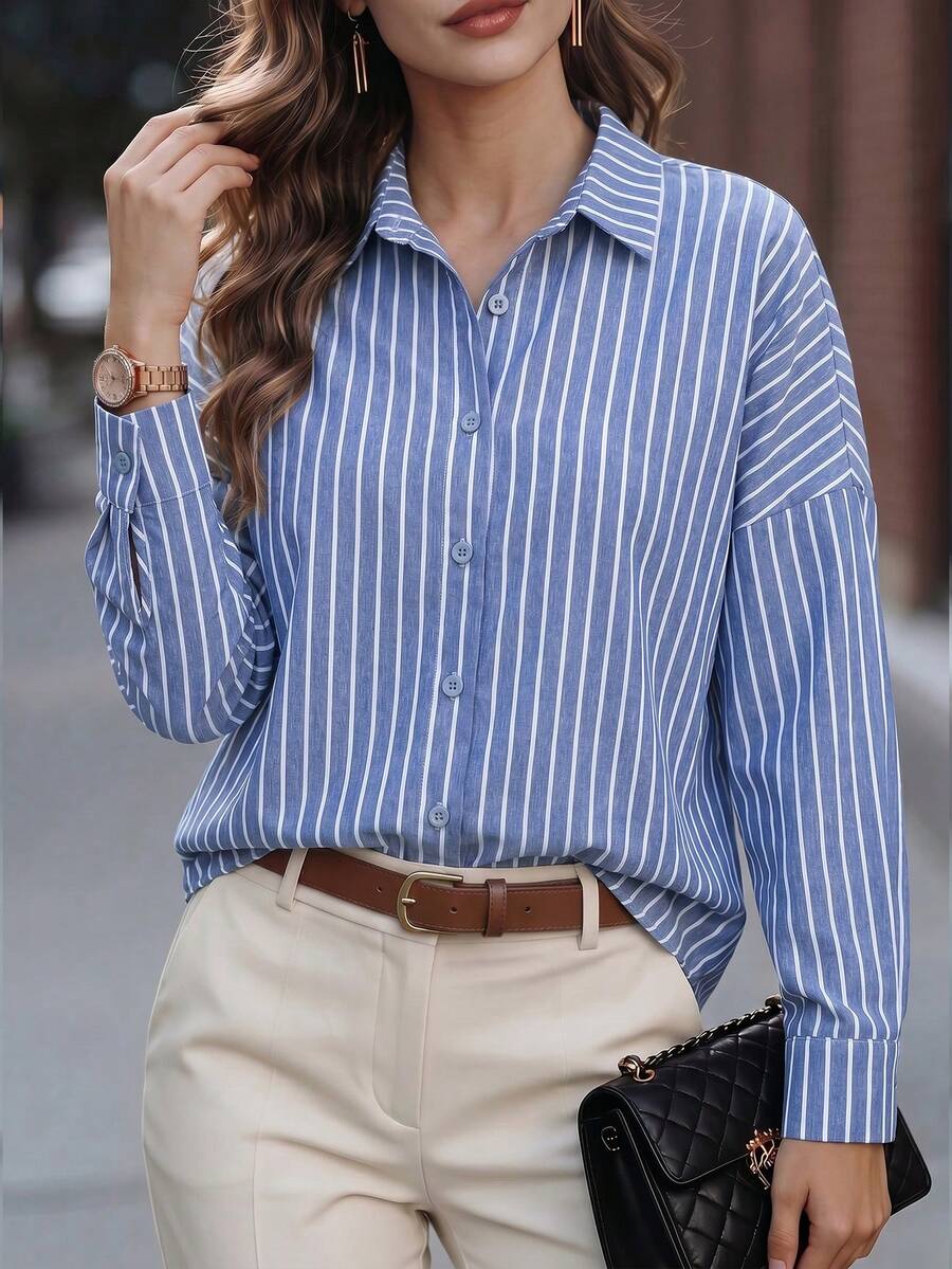 Áo blouse nữ thời trang kẻ sọc xanh cài nút cổ bẻ tay dài chất liệu polyester cho mùa thu - Nhiều màu - Xem 1