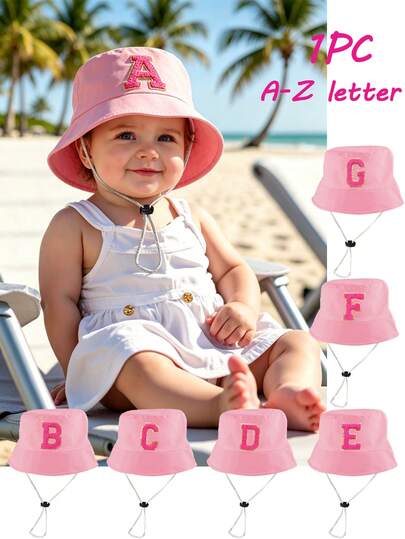 1pc Kids 26 Letter Print Pink Sun Hat With Adjustable Windproof Cord, Casual Style Baby Bucket Hat Suitable For Outdoor, Beach, Sun Protection