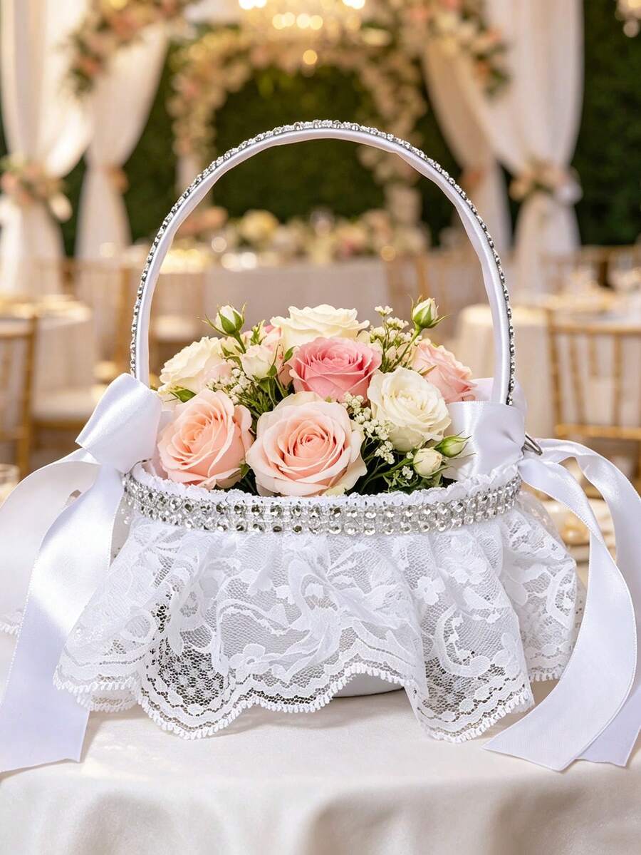 1 pieza Elegante cesta de flores para niña de las flores con adorno de encaje blanco, ribete de diamante de imitación y lazo de satén, cesta de pétalos para llevar en mano para ceremonia de boda - Blanco - Ver 1