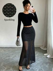Women's Fashionable And Elegant Sequin Fitted Midi Skirt, Machine Washable Polyester Blend Fabric, Flattering Silhouette, Suitable For Summer Wear, Ideal For Daily, Evening Dates, Parties And Singles Events - Black - View 3