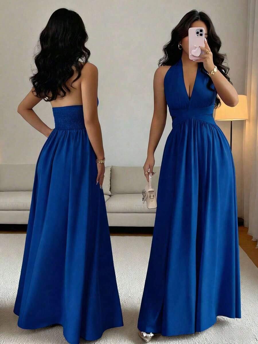 Elegante vestido sin mangas con cuello en V, diseño hueco en la cintura y pliegues, color morado, nueva llegada de primavera/verano - azul real - Ver 1