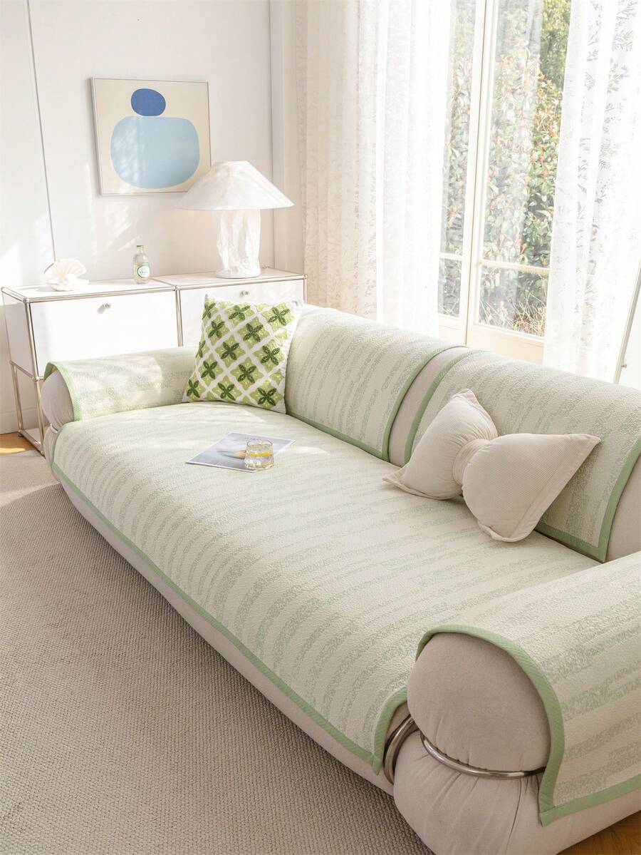 1 Tấm đệm sofa kiểu dáng tối giản, sọc tương phản, chất liệu lụa băng mát lạnh, chống trượt và thoáng khí, dạng tấm liền mạch, thích hợp cho sofa hình chữ L và sofa 1/2/3/4 chỗ ngồi. - màu xanh lá - Xem 1
