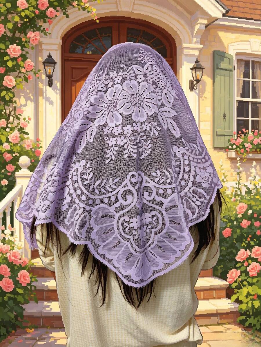 Khăn trùm đầu rỗng thanh lịch dành cho nữ, kích thước 125cm*60cm/1 chiếc, khăn voan cưới sang trọng, khăn voan dự lễ nhà thờ, trang trí sofa, đồ thủ công hoa tinh tế, trang trí dệt may gia đình, viền ren màu hoa oải hương lãng mạn kiểu Pháp mềm mại. - 1 chiếc màu tím nhạt - Xem 1