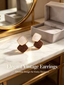 1 Pair Retro Coffee-White Enamel Square Dangle Earrings, Minimalist Geometric Earrings, Versatile Elegant Earrings Suitable For Casual And Work Outfits - Brown + White - View 2