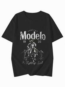 Women's Summer Fashion Short Sleeve T-Shirt Casual Outdoor Fashion T-Shirt 'Western Letters And Elements' Relaxed Print Casual Women's T-Shirt - 黑色 - 查看 3